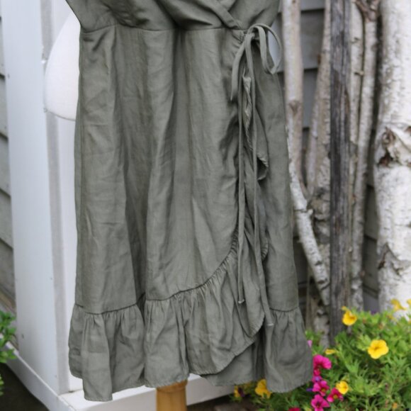 Altar'd State Katrina Olive Green Faux Wrap w Tie Ruffle Sleeveless Dress Sz XS - Picture 3 of 6